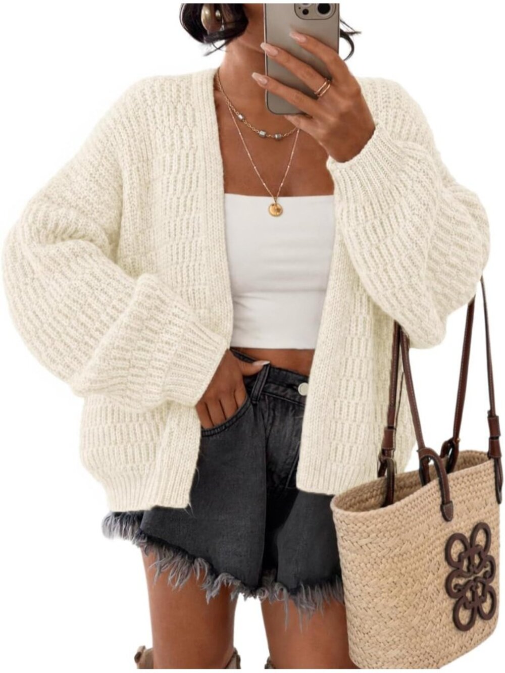 Women's White Long Sleeve Chunky Knit Oversized Open Front Cardigan Sweaters
